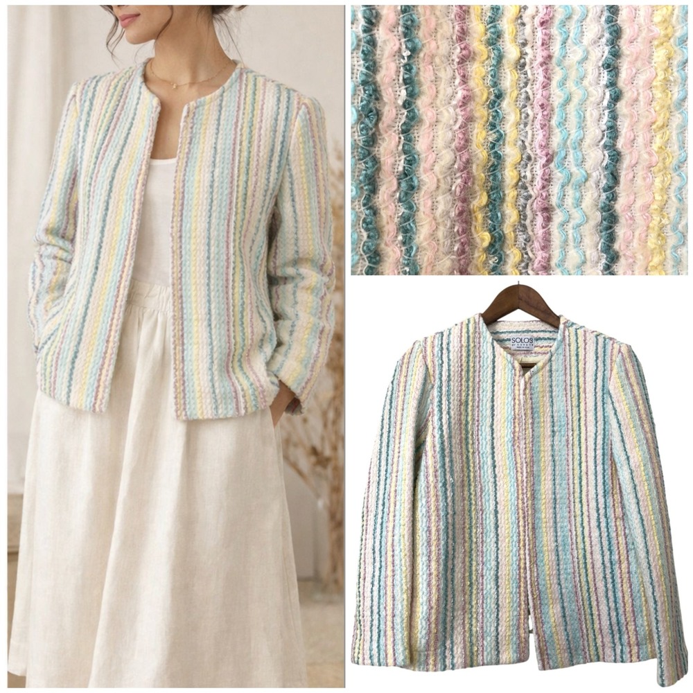 VTG 90s Pastel Boucle Jacket M Cottagecore‎ Striped Textured Coastal Spring USA
